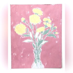 Floral acrylic painting Yellow flowers in vase on pink background 16 x 20